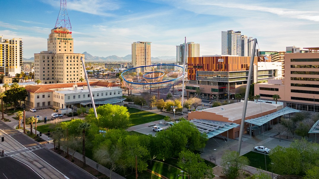 Image of the ASU Downtown Phoenix Campus with a park in the foreground 