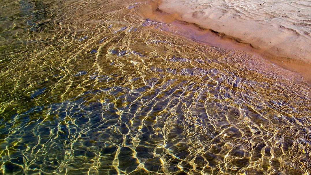 Image of river water with ripples in the water and along the shoreline in the mud.