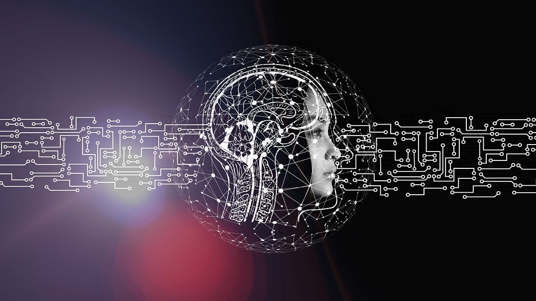 Photo illustration of a woman's head with computer circuits composing her head. 