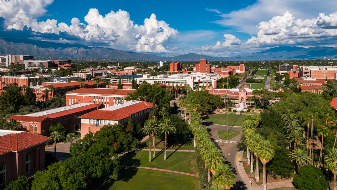 Aerial view of campus with buildings in the shot, grass, trees and clouds in the distance 