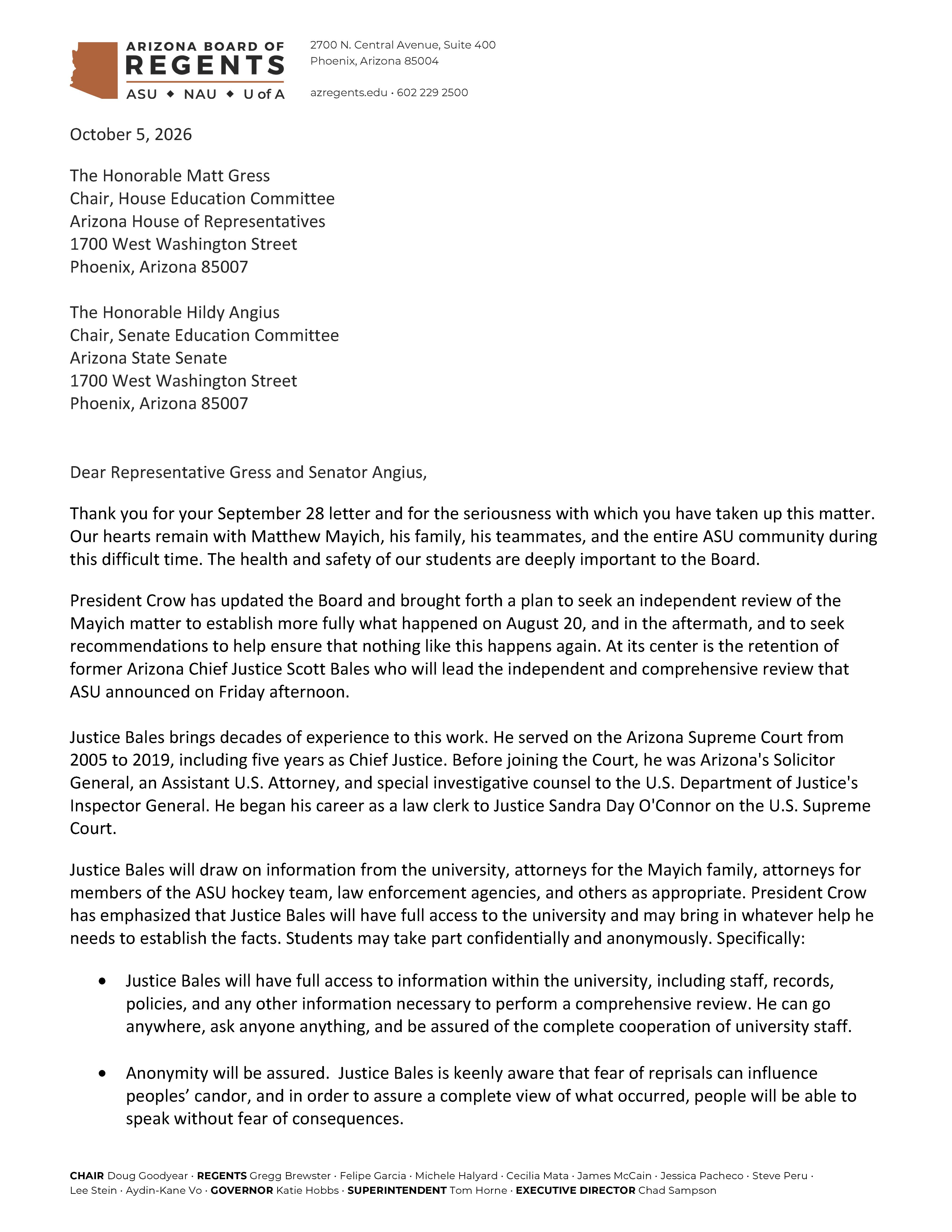 Page 1 of the legislative response letter