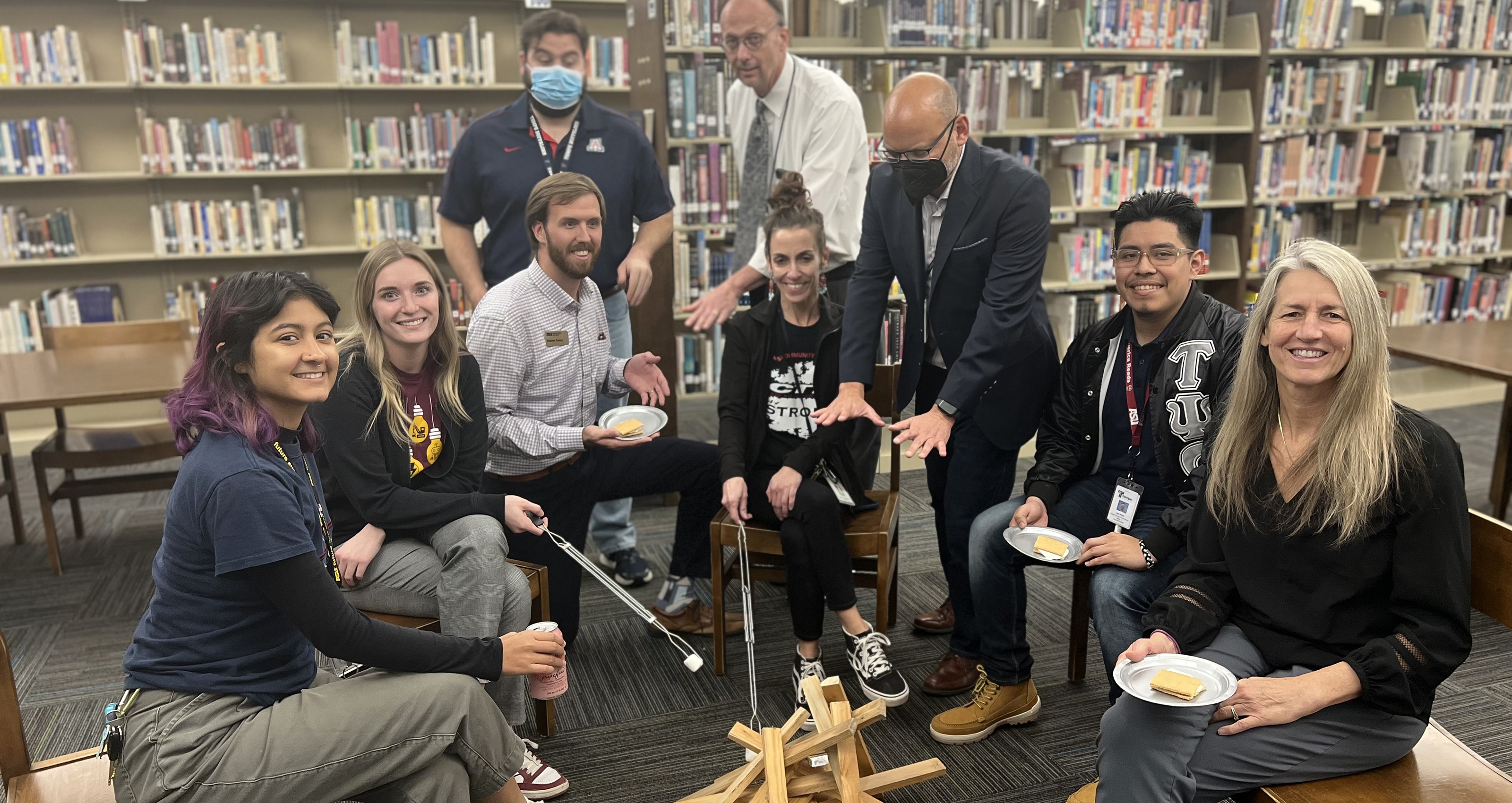 Staff around fake fire