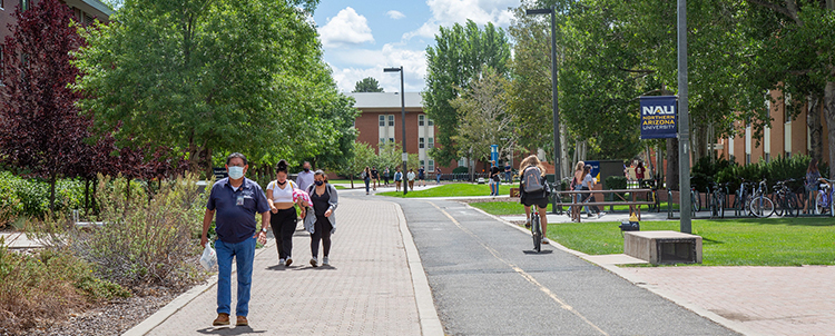 Photo of students walking on campus down a long sidewalk with trees in the distance 