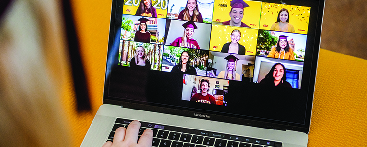 Photo of students graduating online. 